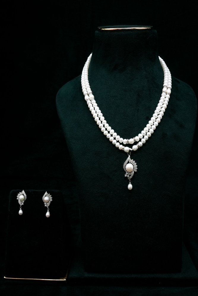 Double Strand Pearl Pendant Necklace Set