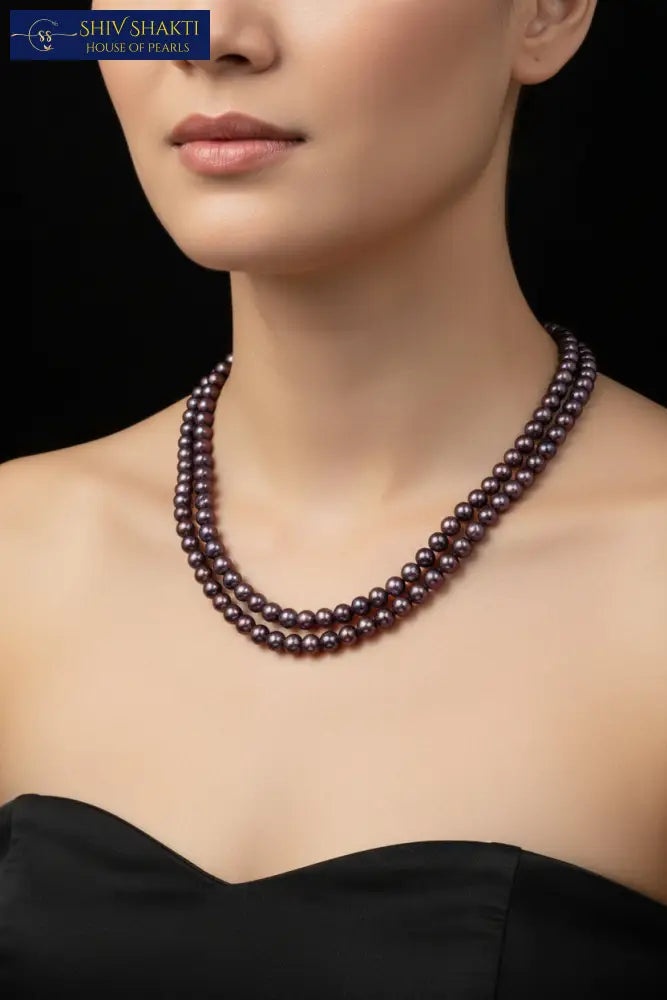 Black Round Pearl 2 Lines Necklace