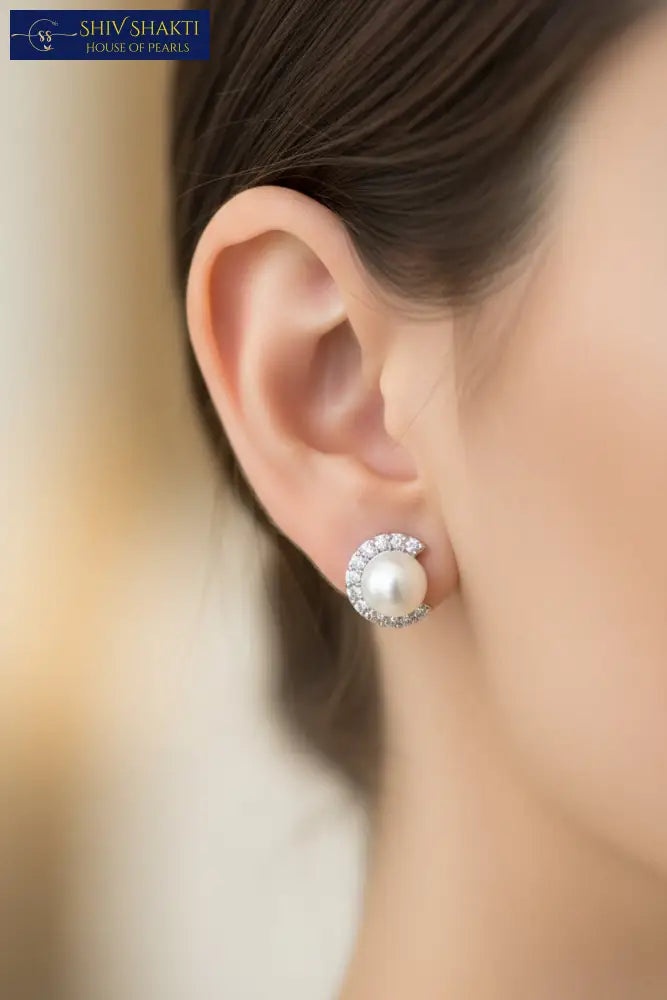 Crystal Half Moon Pearl Stud