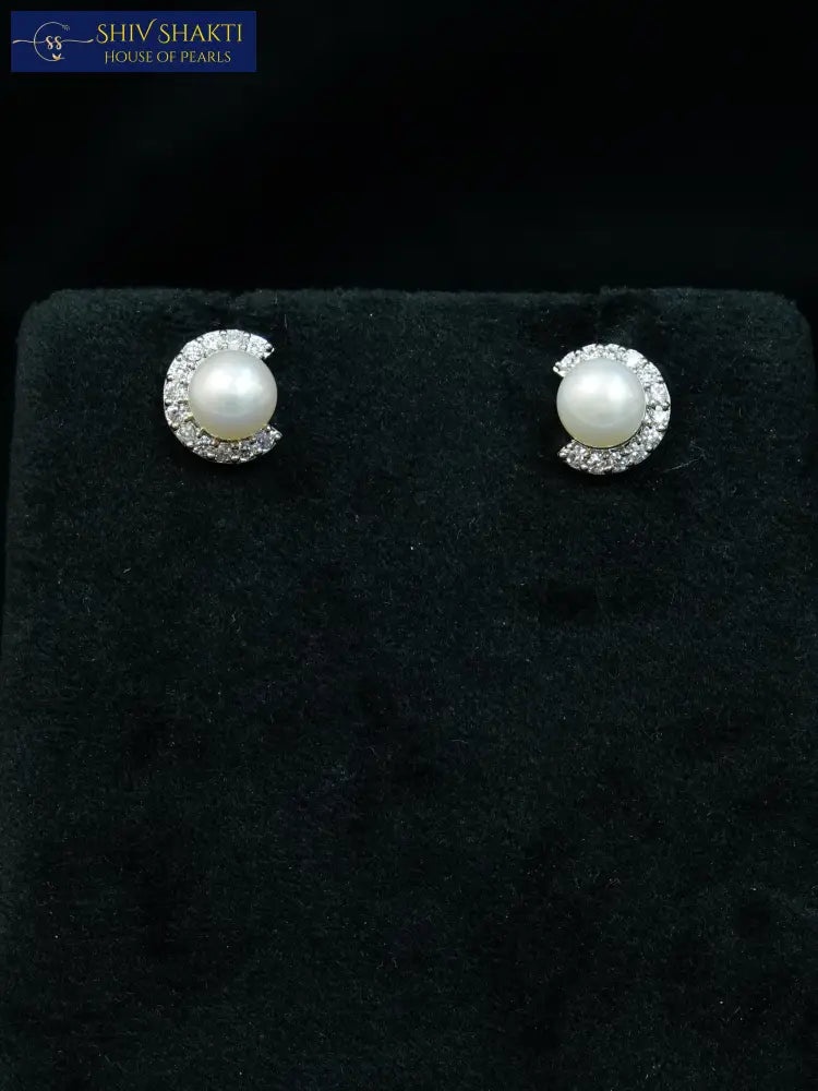 Crystal Half Moon Pearl Stud