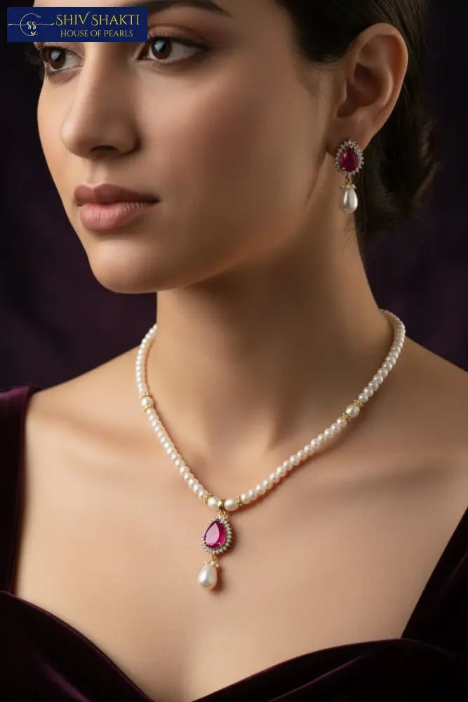 Drop Ruby Pearl Necklace