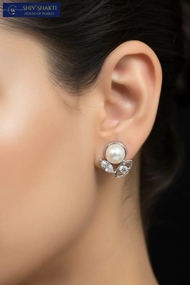 Elegant Leaf Pearl Stud