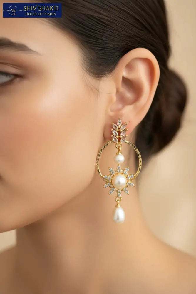 Gold Plated Sunburst Pearl Drop earring