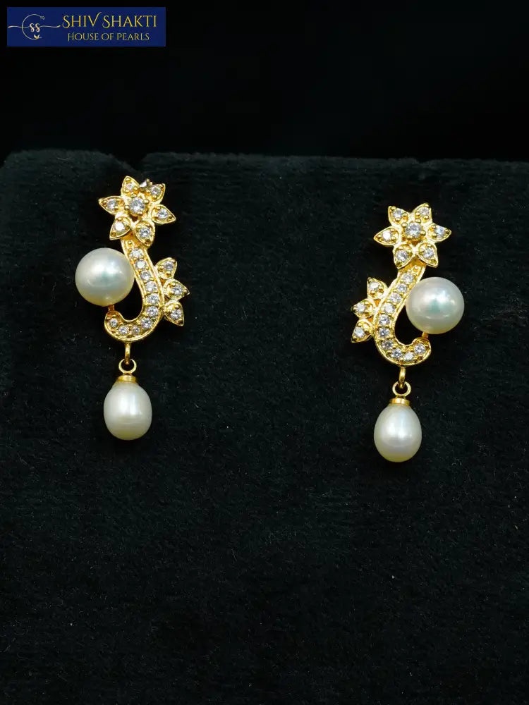 Golden Floral Pearl Drop Earring