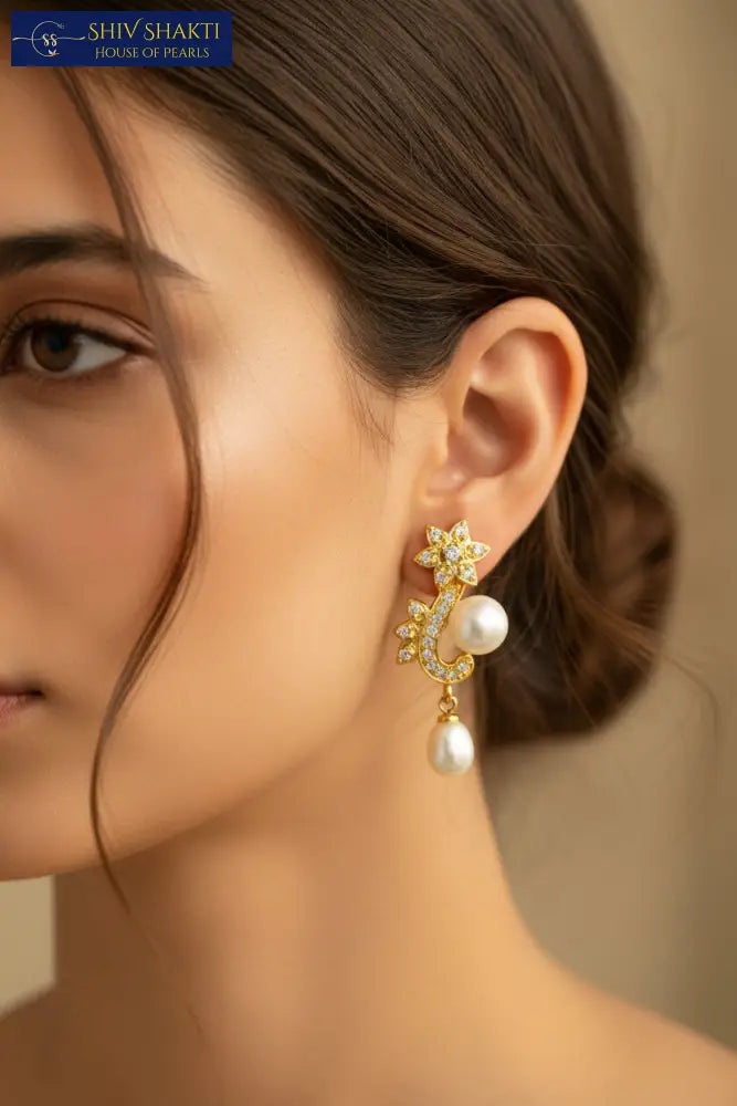 Golden Floral Pearl Drop Earring