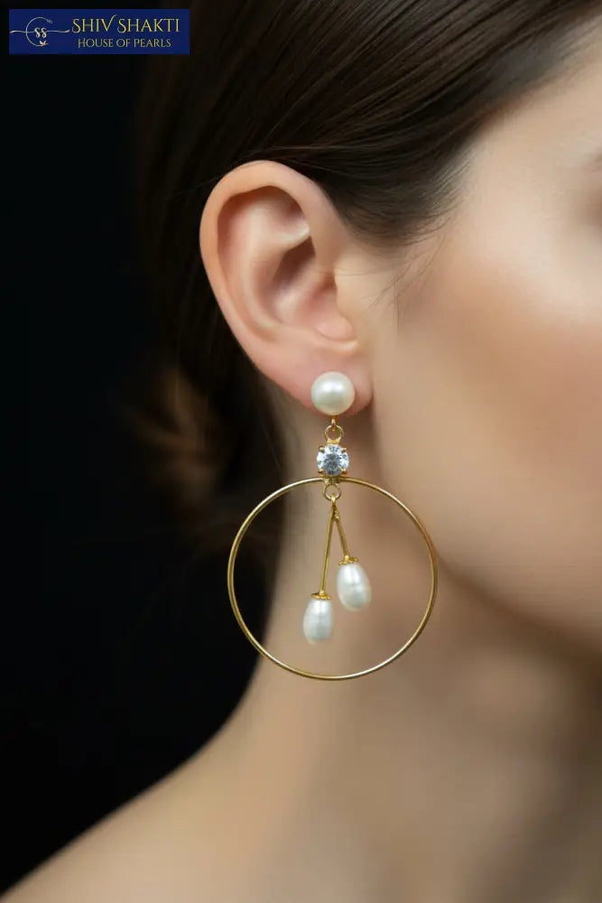 Golden Hooped Pearl Earrings