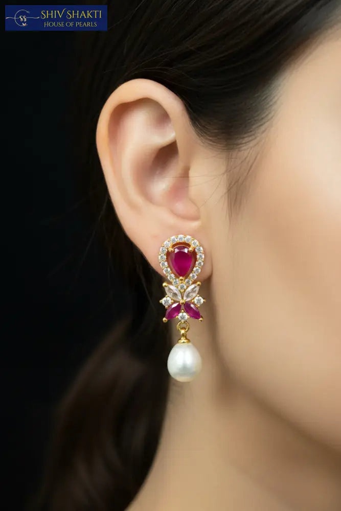 Golden Ruby Floral Pearl Drop