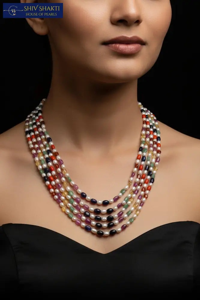 Shiv Shakti Pearls - Navratna Necklace 5 lines