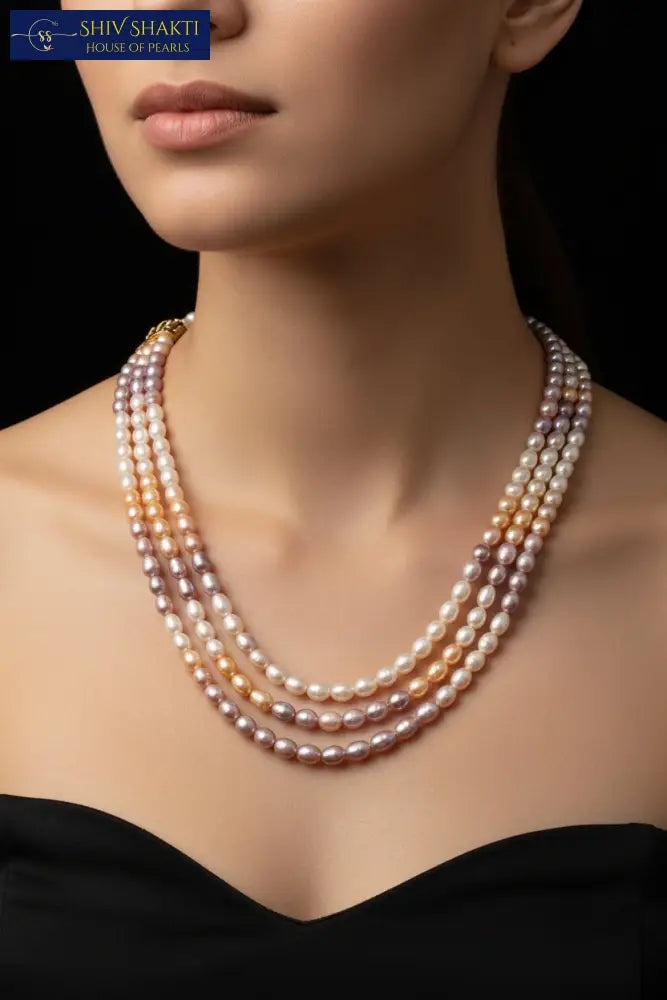 Shiv Shakti Pearls - Oval 3 color Pearl Necklace