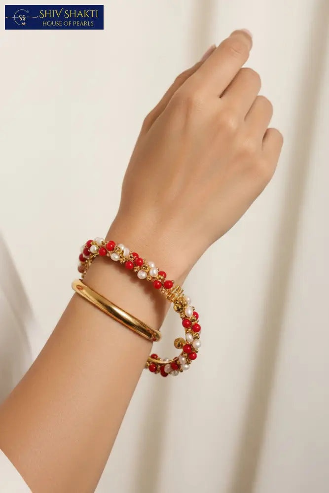 Shiv Shakti Pearls - Pearl and coral Bangle