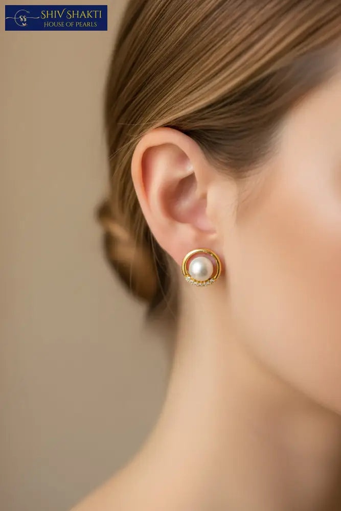 Pearl Stud With Gold Halo Design