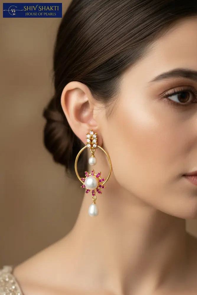 pink and white stone jhumka
