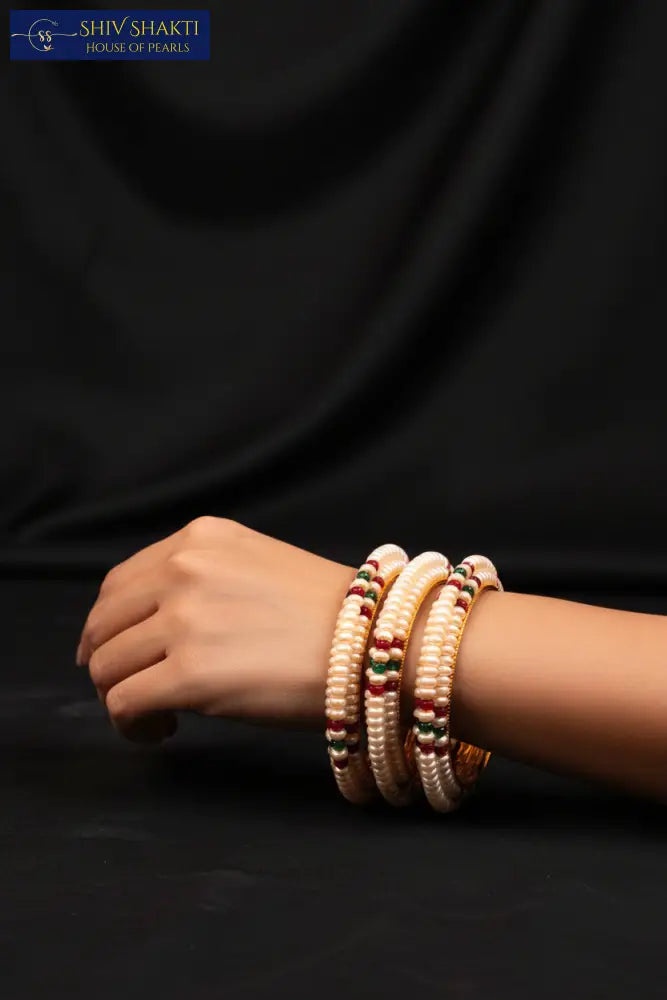 Shiv Shakti Pearls - Red n green Stone Pearl Kada
