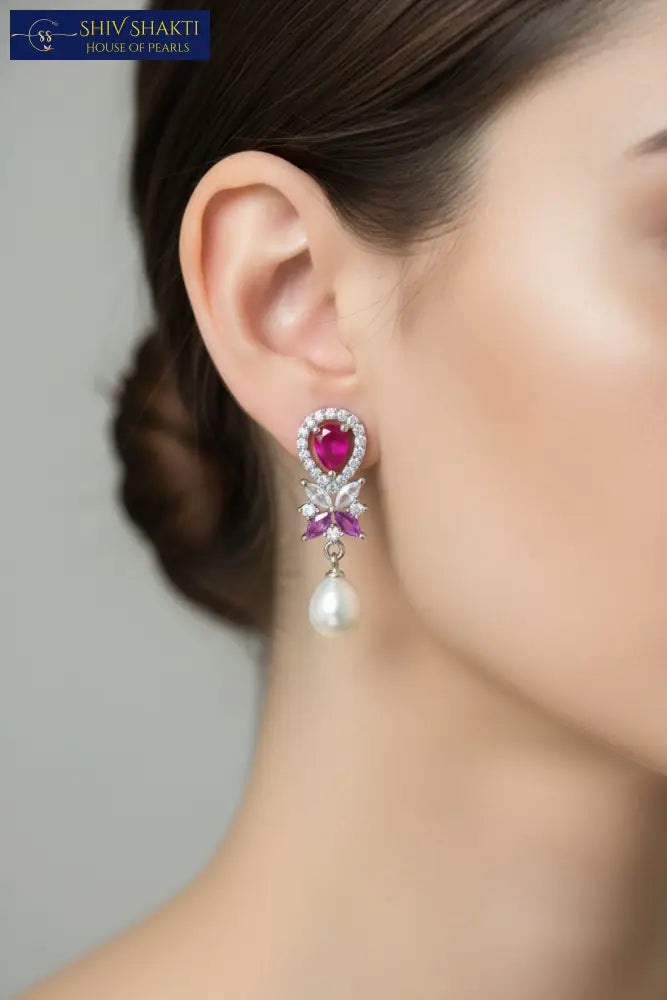 Ruby Floral Pearl Drops Earring
