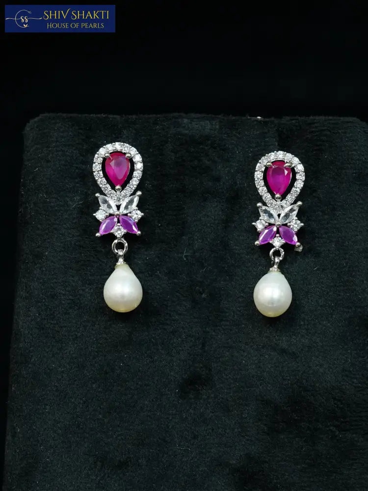 Ruby Floral Pearl Drops Earring