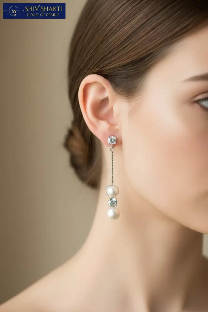 Silver Double Pearl Drop Linear Earring