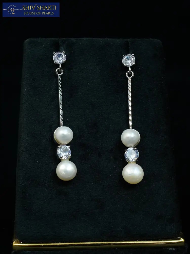 Shiv Shakti Pearls - Silver Double Pearl Drop Linear Earring