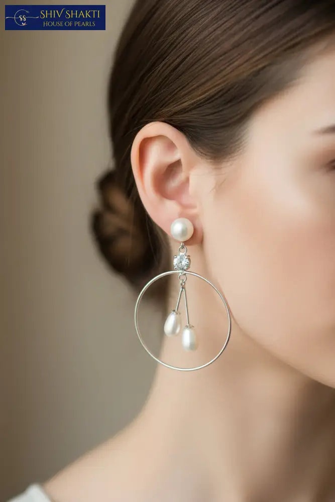 Silver Pearl Hoop Dangler Earring