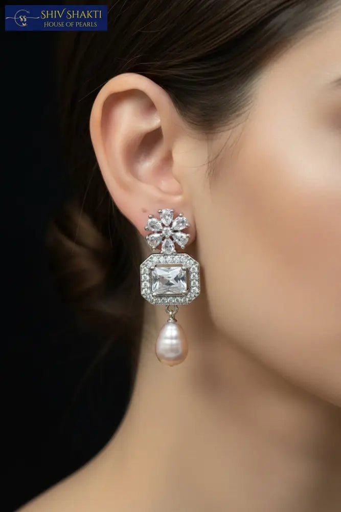 White Stone Rhodium Detailing With Pearl Drops