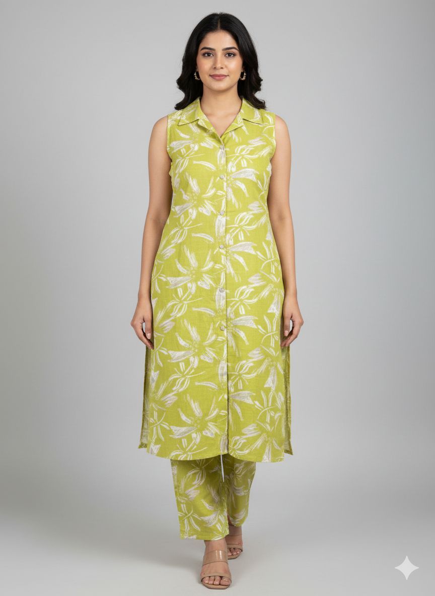 Shree Shanti Selection - Yellow Leaf Printed Kurta Set