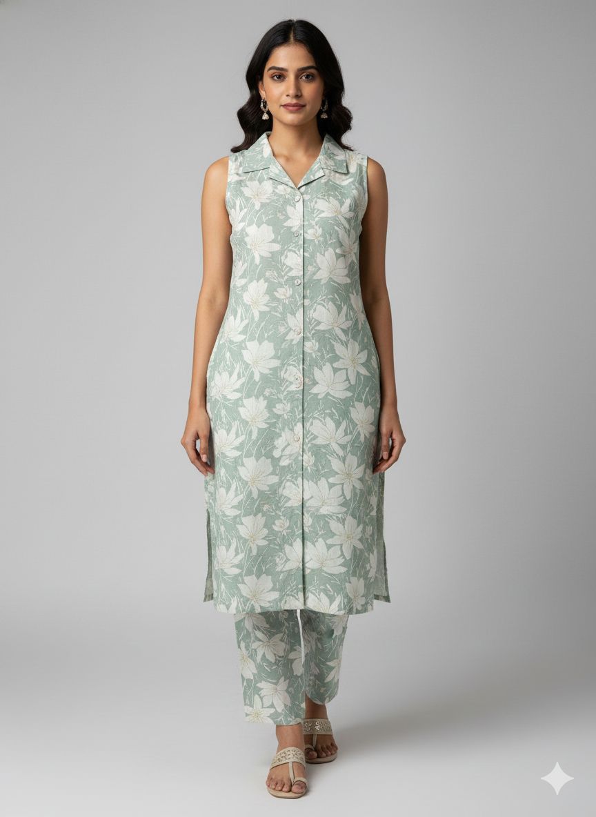 Shree Shanti Selection - Mint Green Floral Sleeveless Kurti