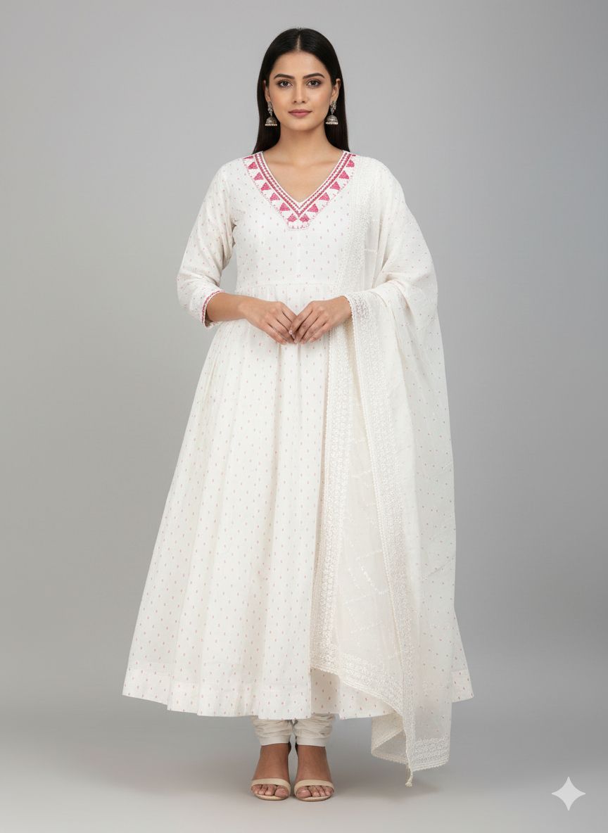 Shree Shanti Selection - White Anarkali Kurta Set