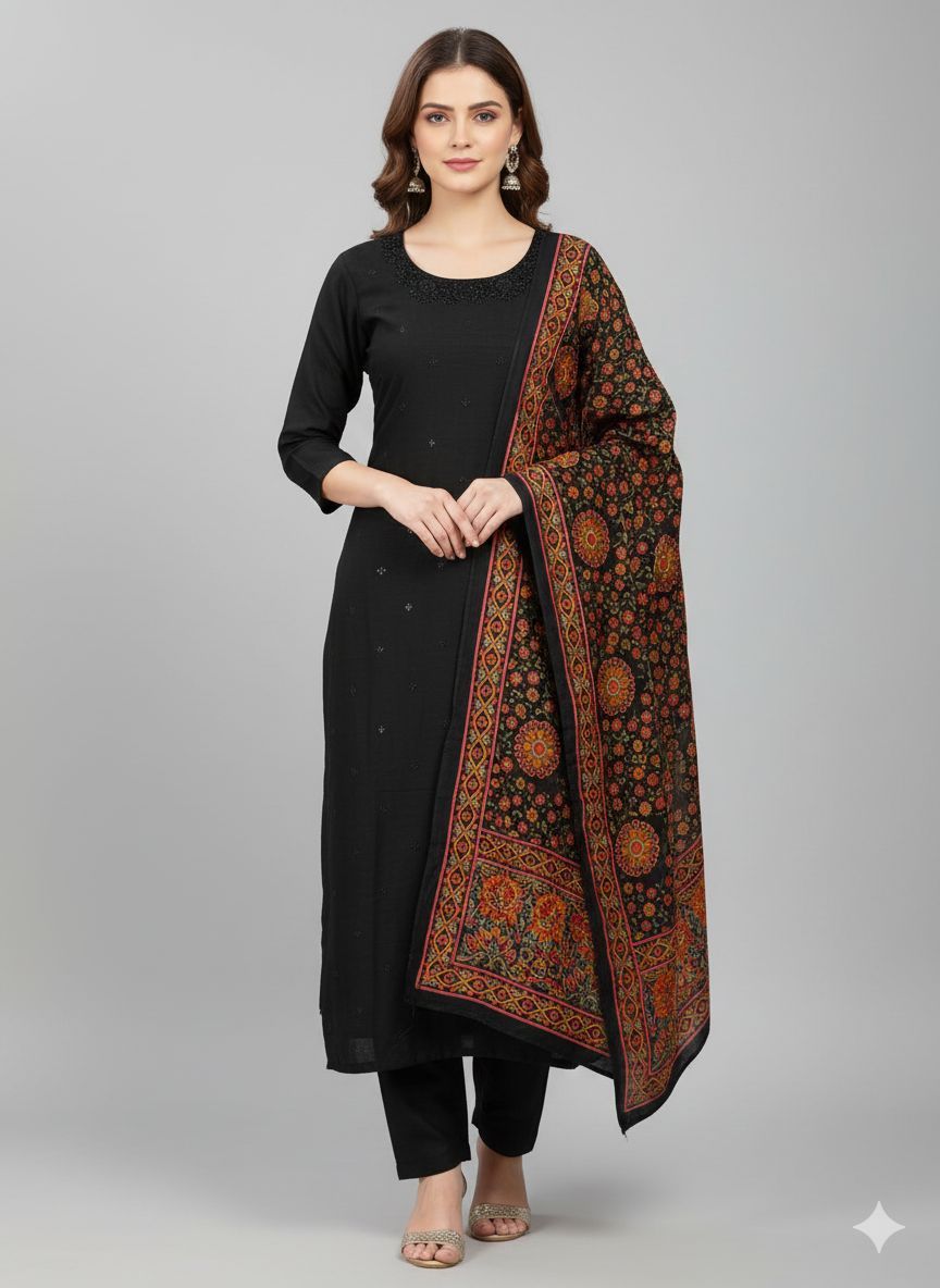 Shree Shanti Selection - Black Straight Suit with Woven Dupatta