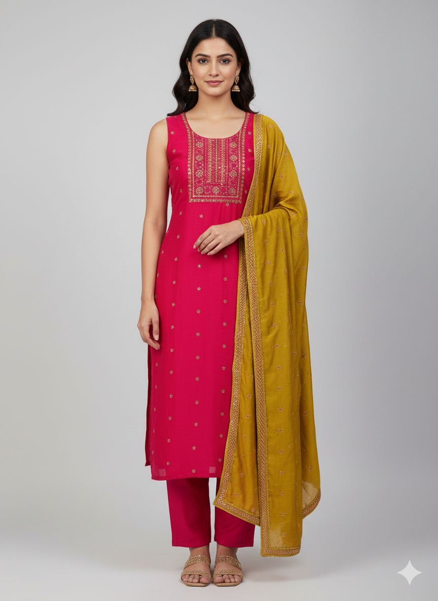 Shree Shanti Selection - Hot Pink Straight Suit with Mustard Dupatta