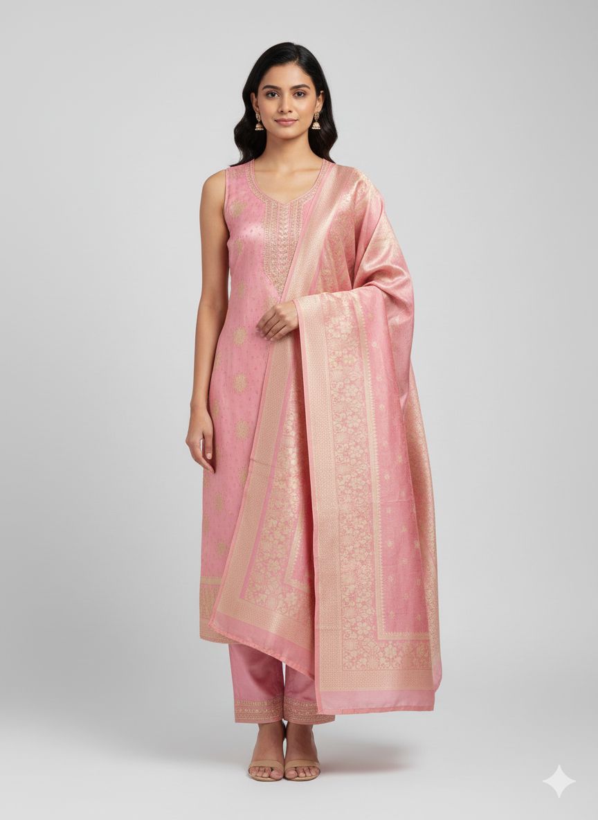Shree Shanti Selection - Baby Pink Straight Suit with Woven Dupatta
