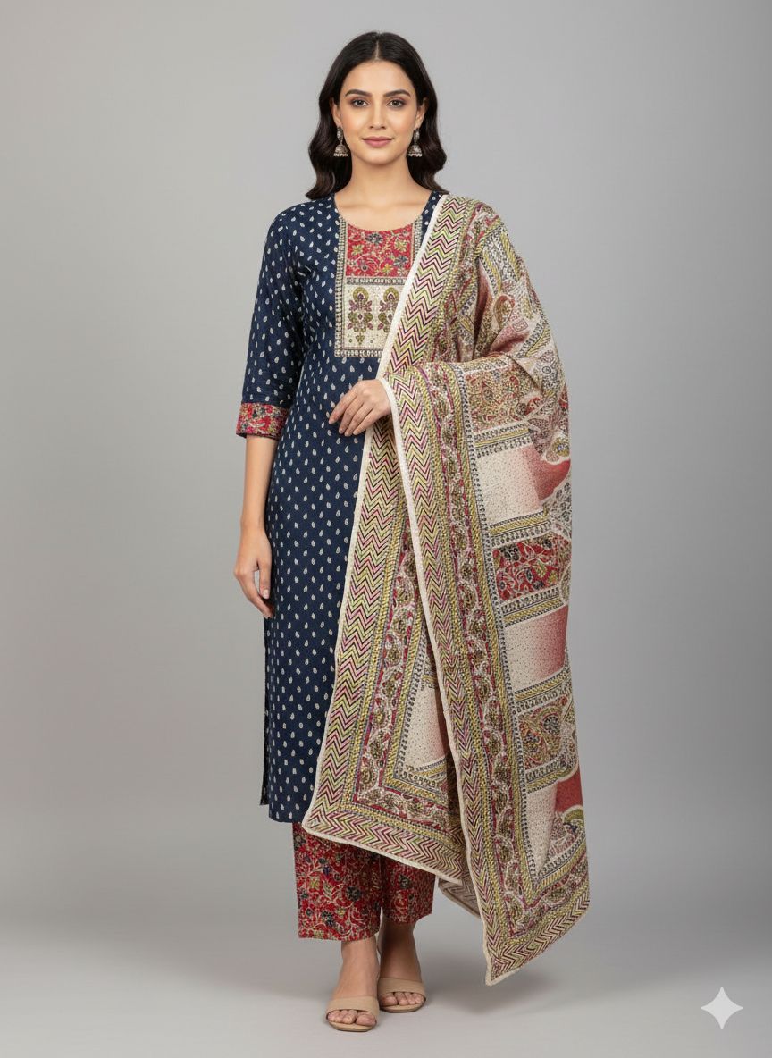 Shree Shanti Selection - Navy Straight Suit with Printed Dupatta