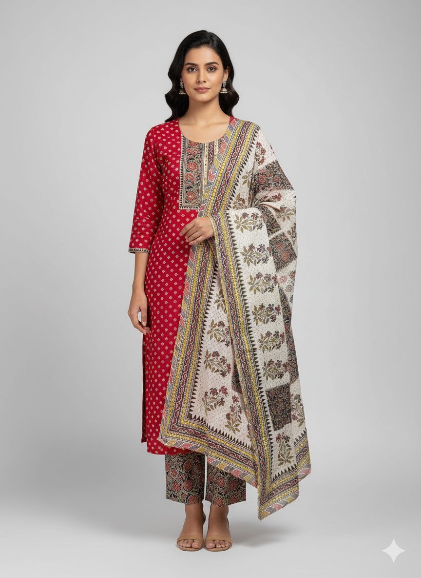 Shree Shanti Selection - Red Straight Suit with Beige Printed Dupatta