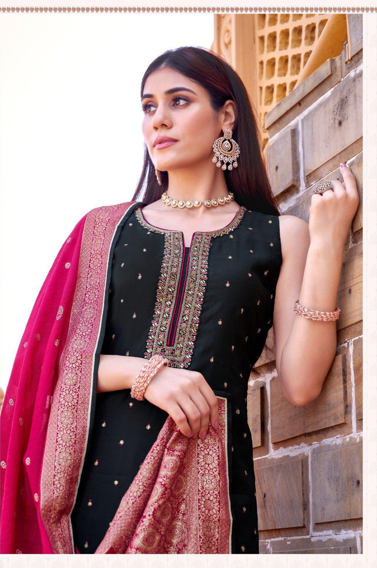 Shree Shanti Selection - Black Straight Cut Suit with Maroon Dupatta for Women