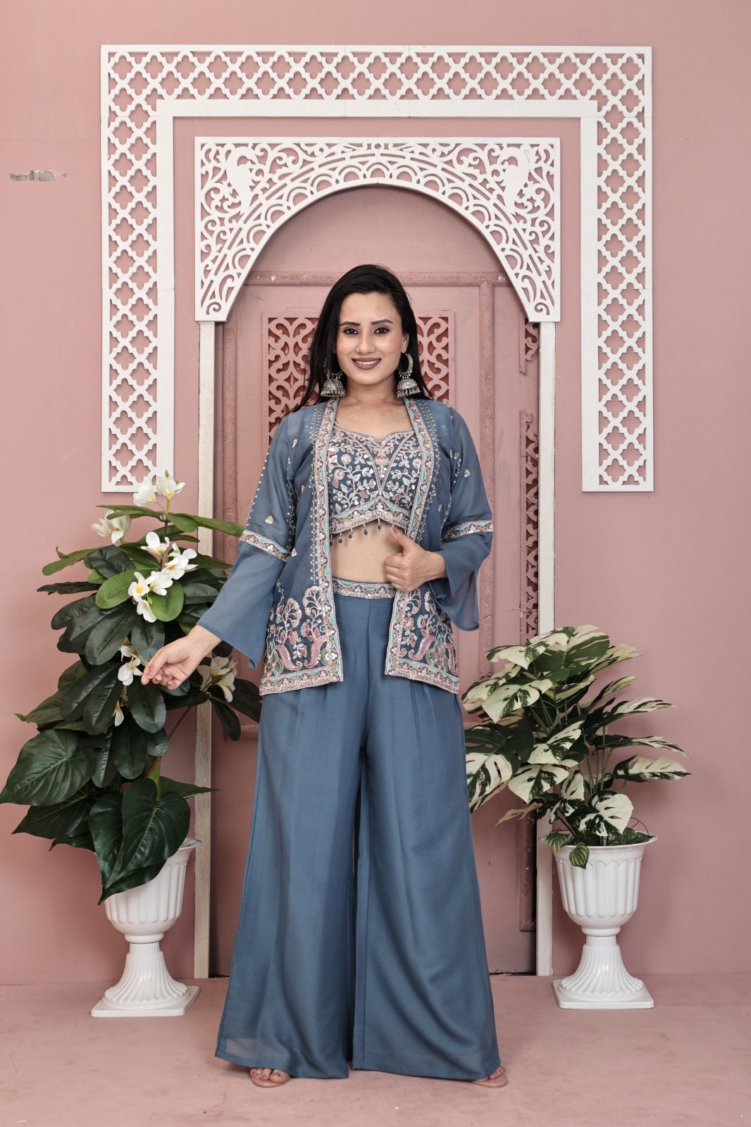 Shree Shanti Selection - Muted steel blue with pastel pink, ivory, and silver embroidery