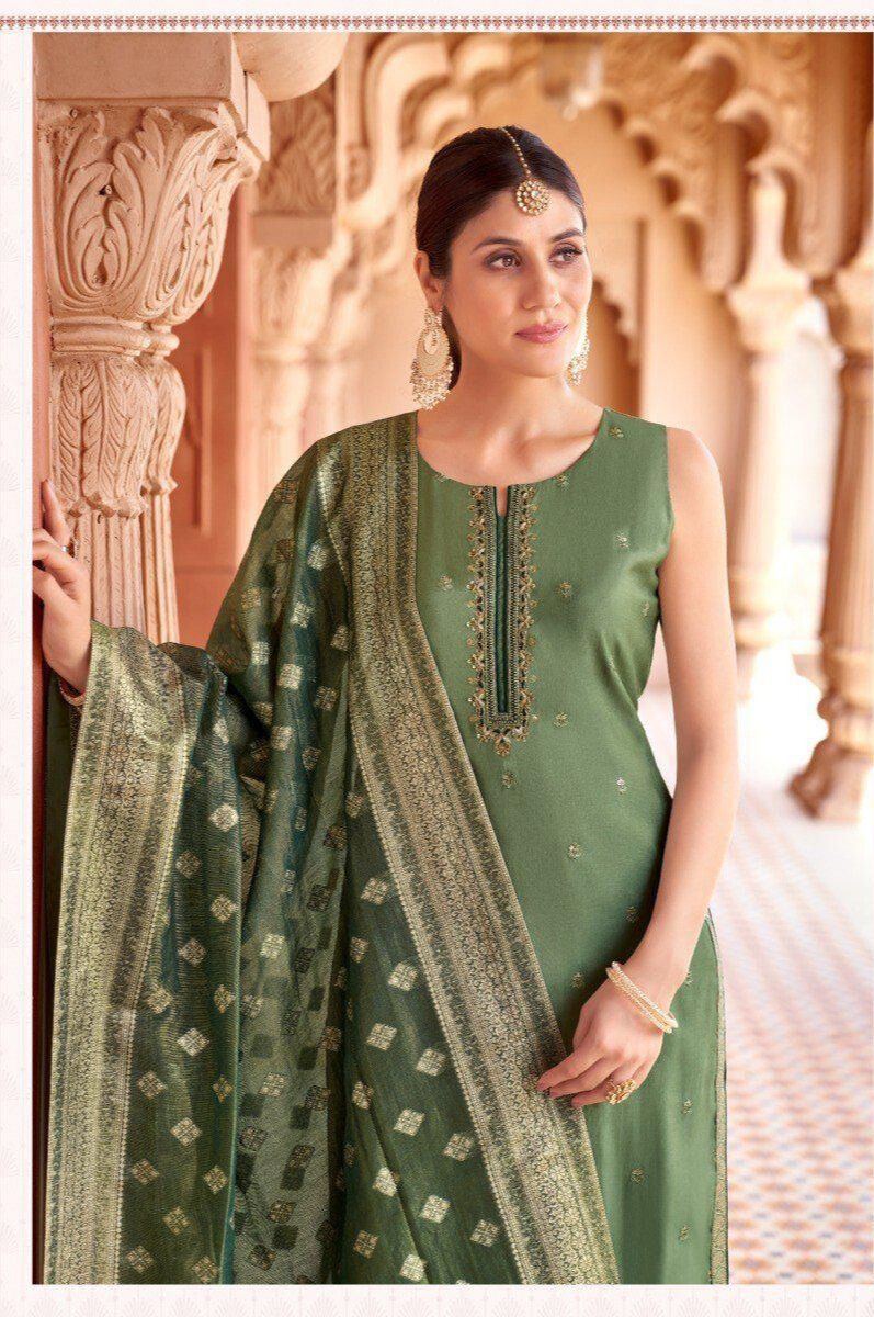 Shree Shanti Selection - Green Straight Cut Suit with Embellished Dupatta for Women