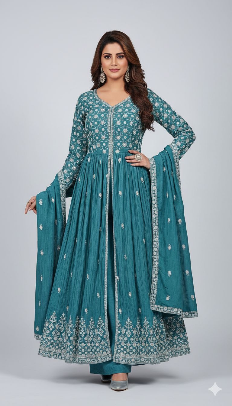 Shree Shanti Selection - Blue Anarkali Suit Set for Women