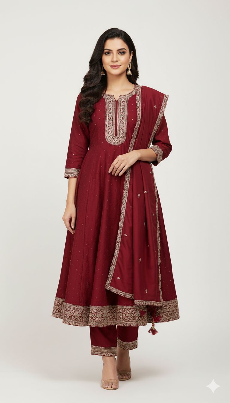 Shree Shanti Selection - Maroon Anarkali Suit for Women