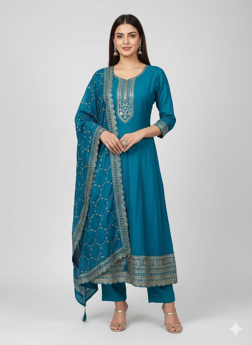 Shree Shanti Selection - Women's Blue Embroidered Anarkali Set