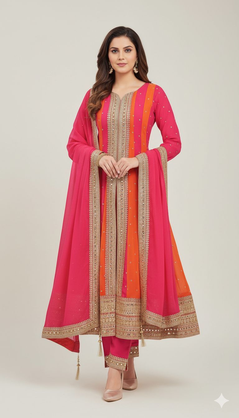 Shree Shanti Selection - Pink Orange Anarkali Dress Set for Women