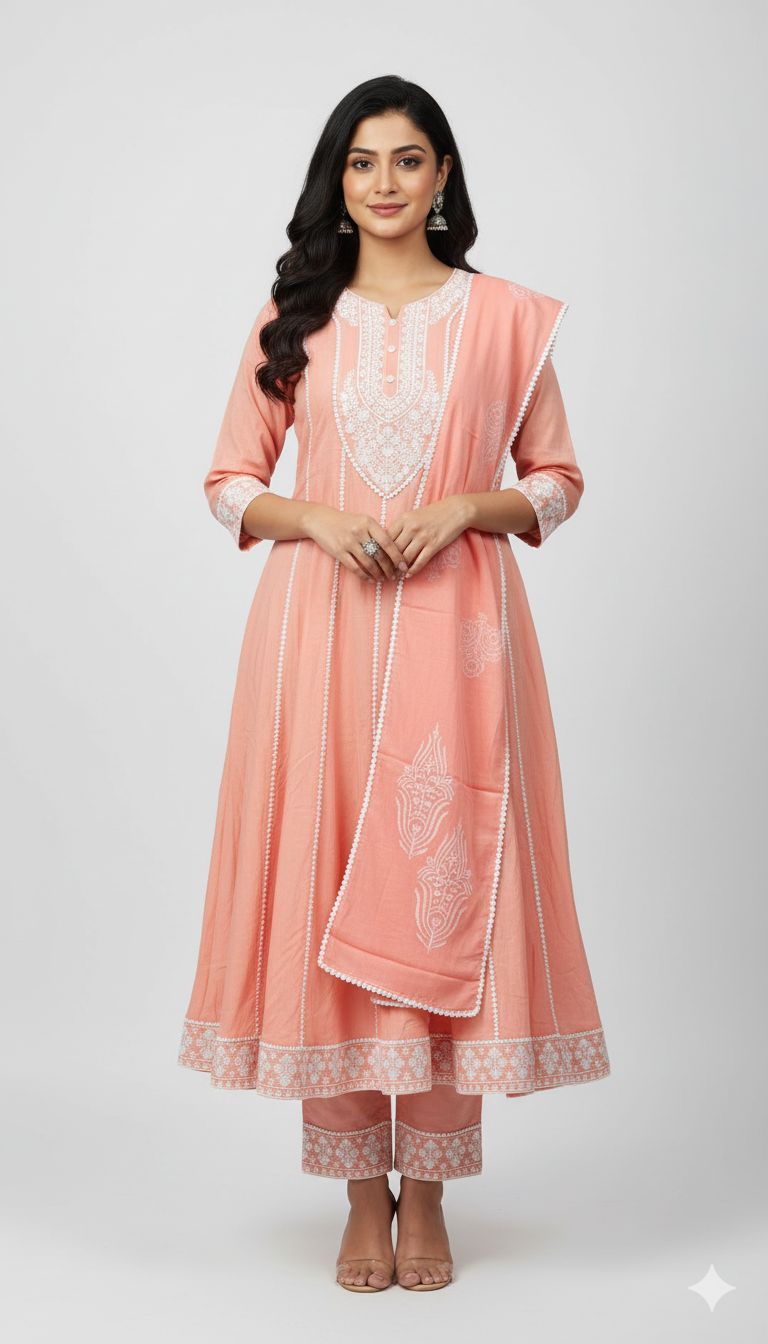 Shree Shanti Selection - Peach White Embroidered Anarkali Suit for Women