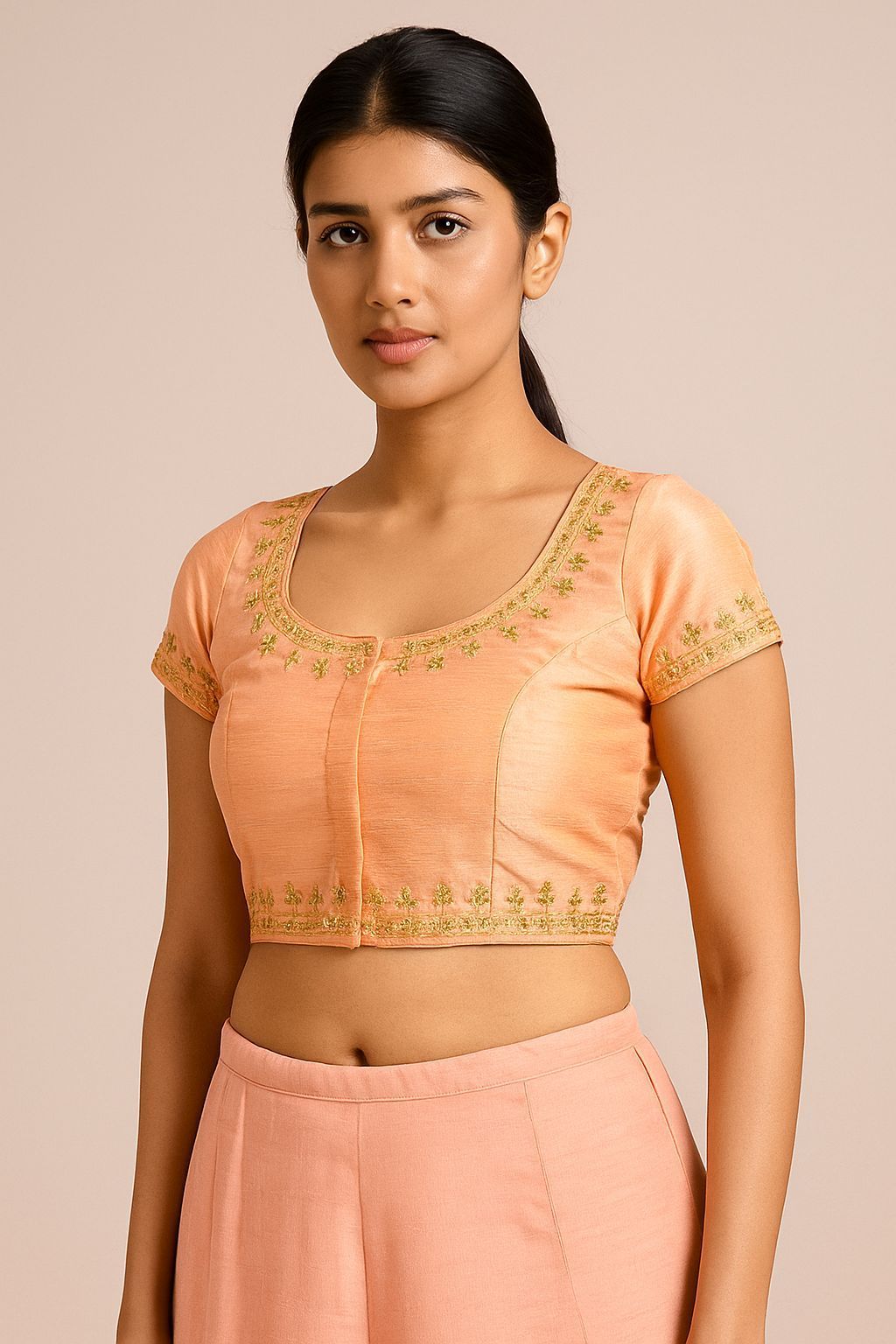 Shree Shanti Selection - Women's Peach Golden Embroidered Blouse