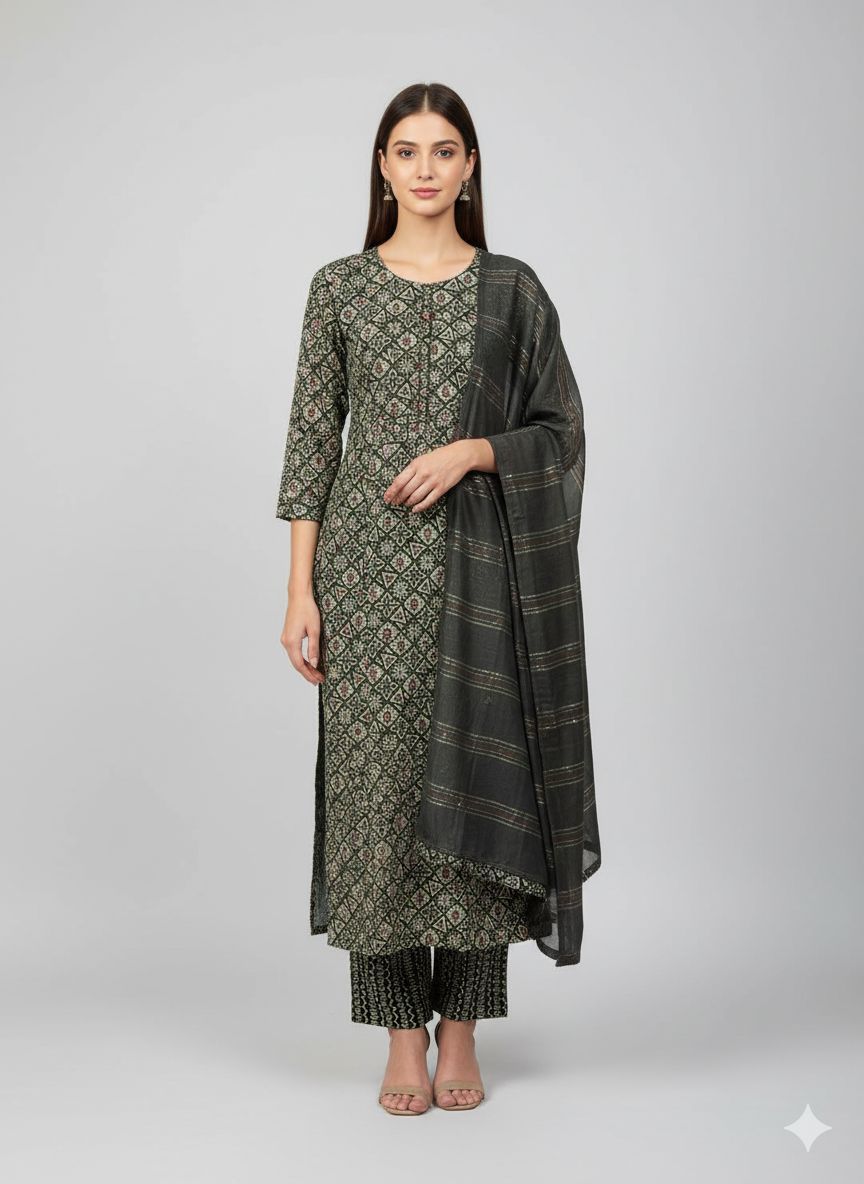 Shree Shanti Selection - Green Printed Straight Cut Suit Set