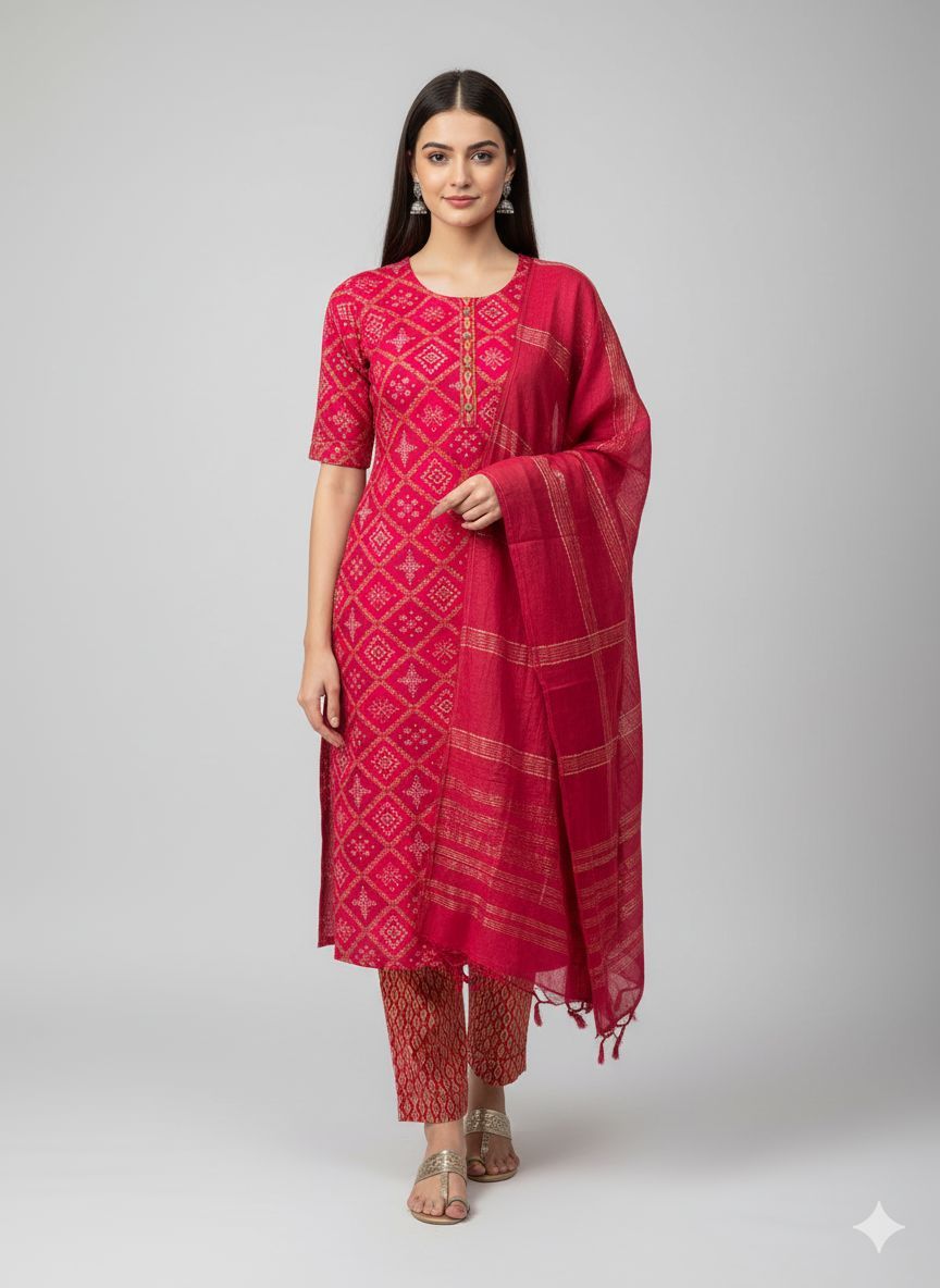 Shree Shanti Selection - Red Printed Straight Cut Suit Set