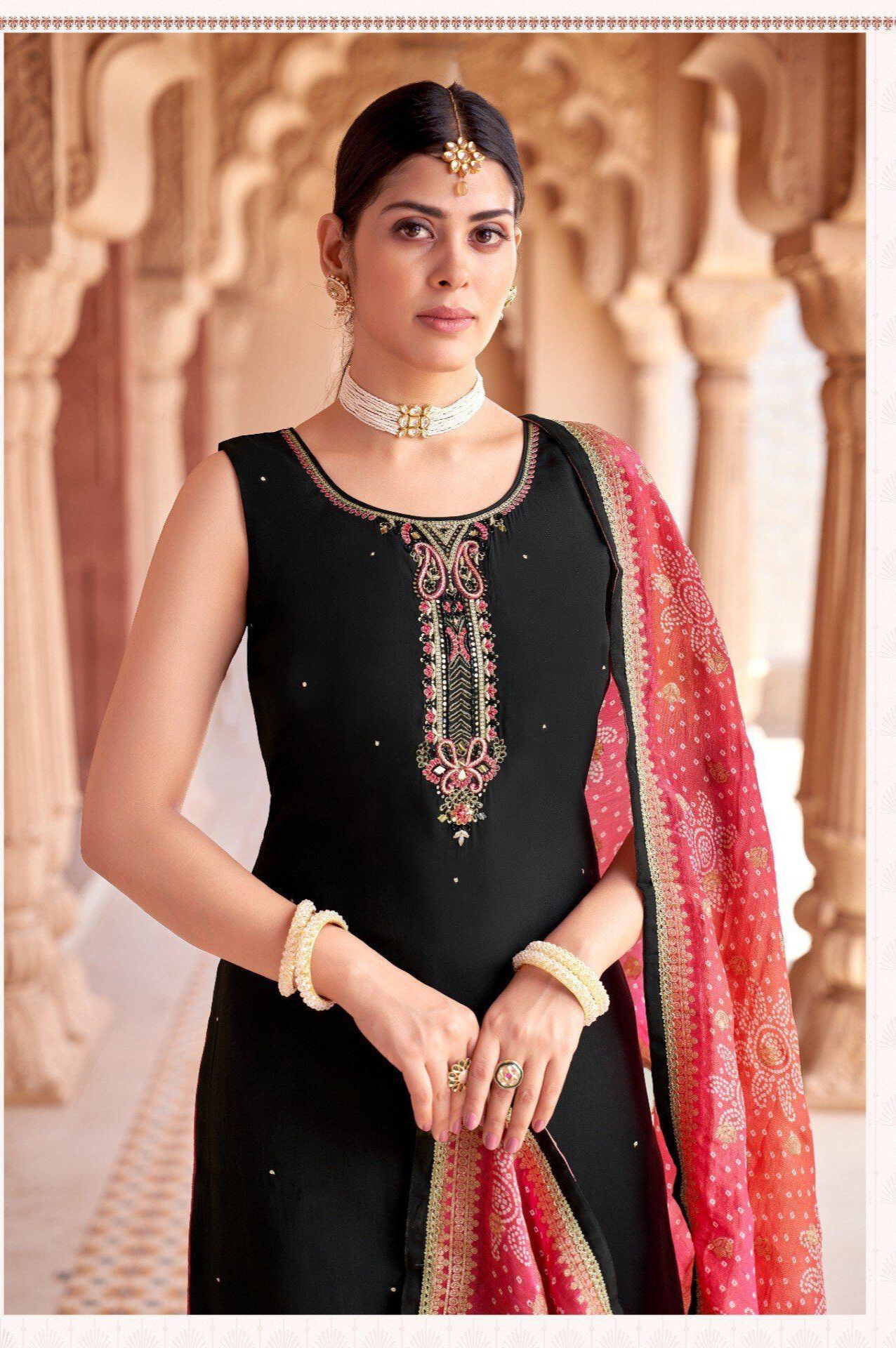 Shree Shanti Selection - Black Embroidered Straight Cut Suit with Pink Dupatta for Women