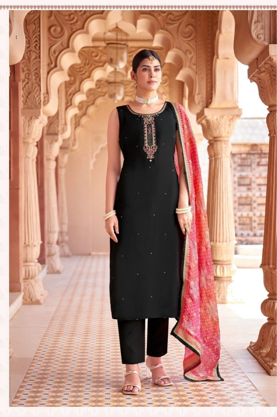 Shree Shanti Selection - Black Embroidered Straight Cut Suit with Pink Dupatta for Women