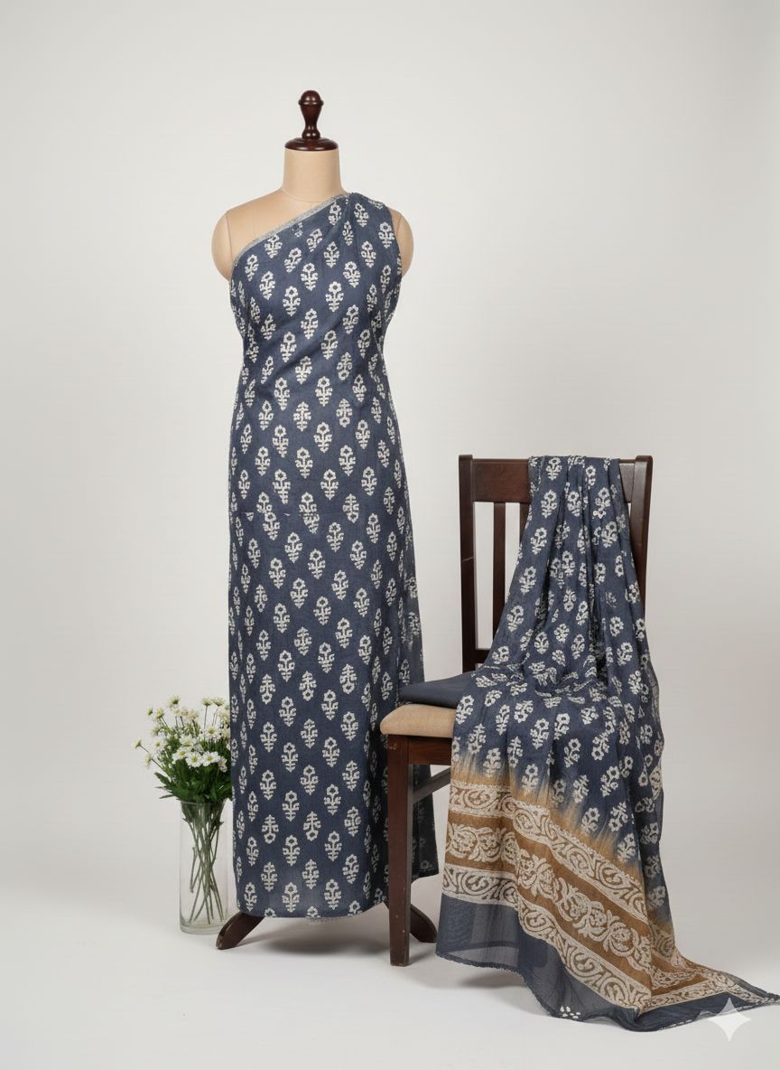 Shree Shanti Selection - Navy Blue Printed Dress Material