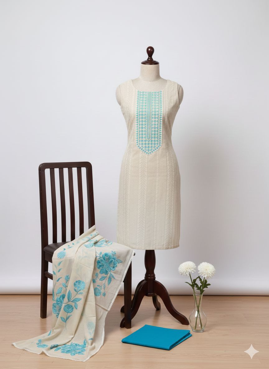 Shree Shanti Selection - White & Blue Embroidered Dress Material