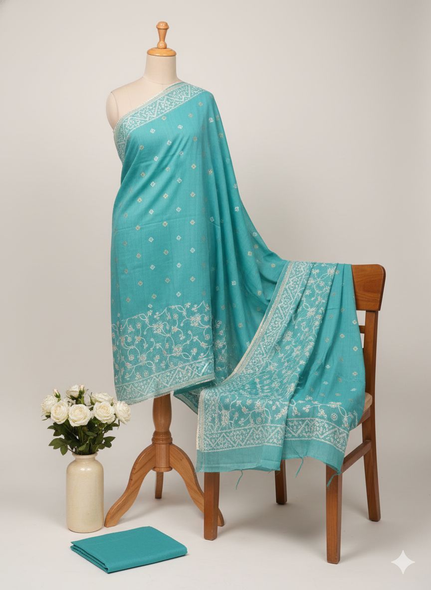 Shree Shanti Selection - Turquoise Blue Embroidered Dress Material