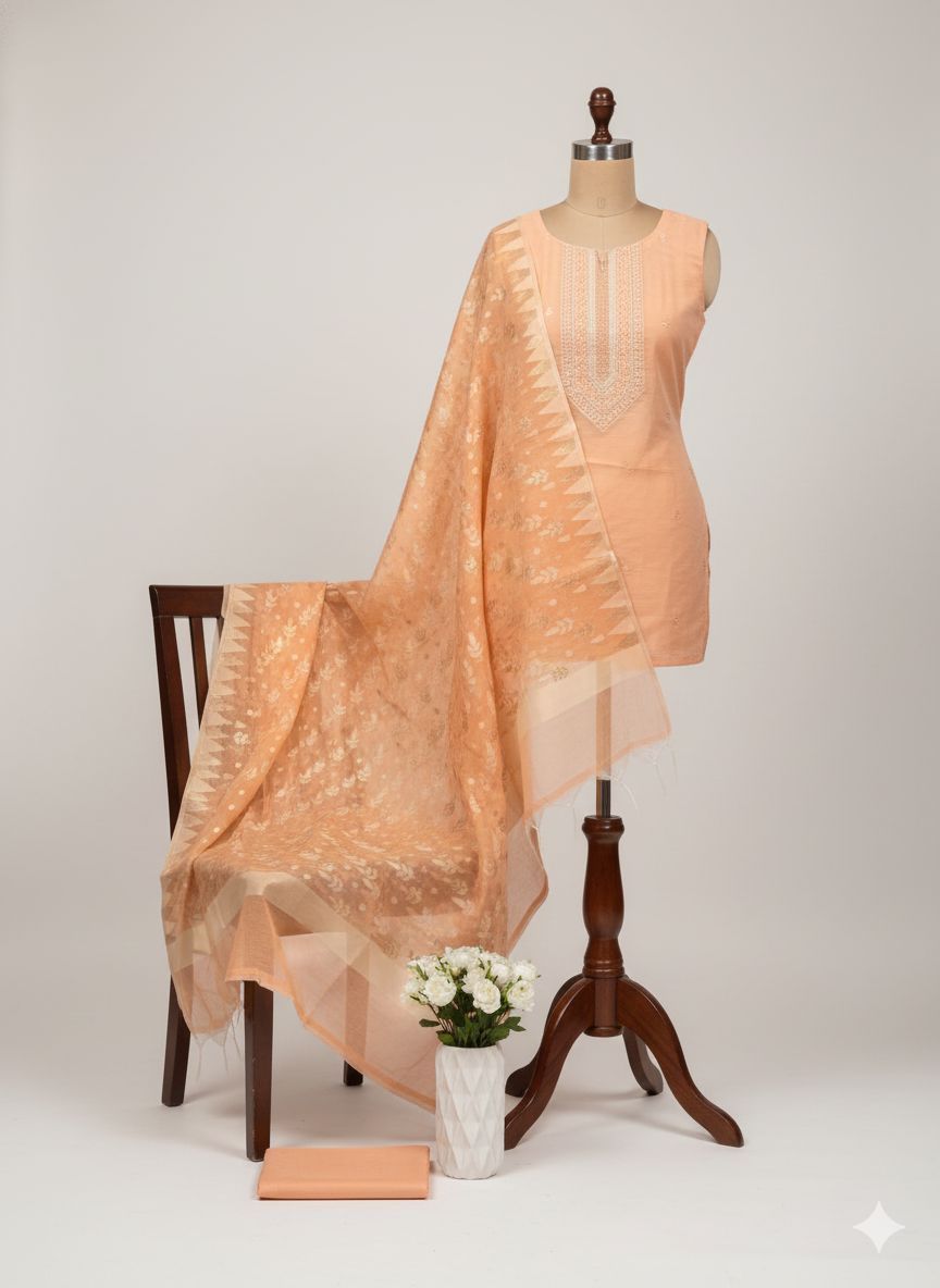 Shree Shanti Selection - Peach Embroidered Dress Material