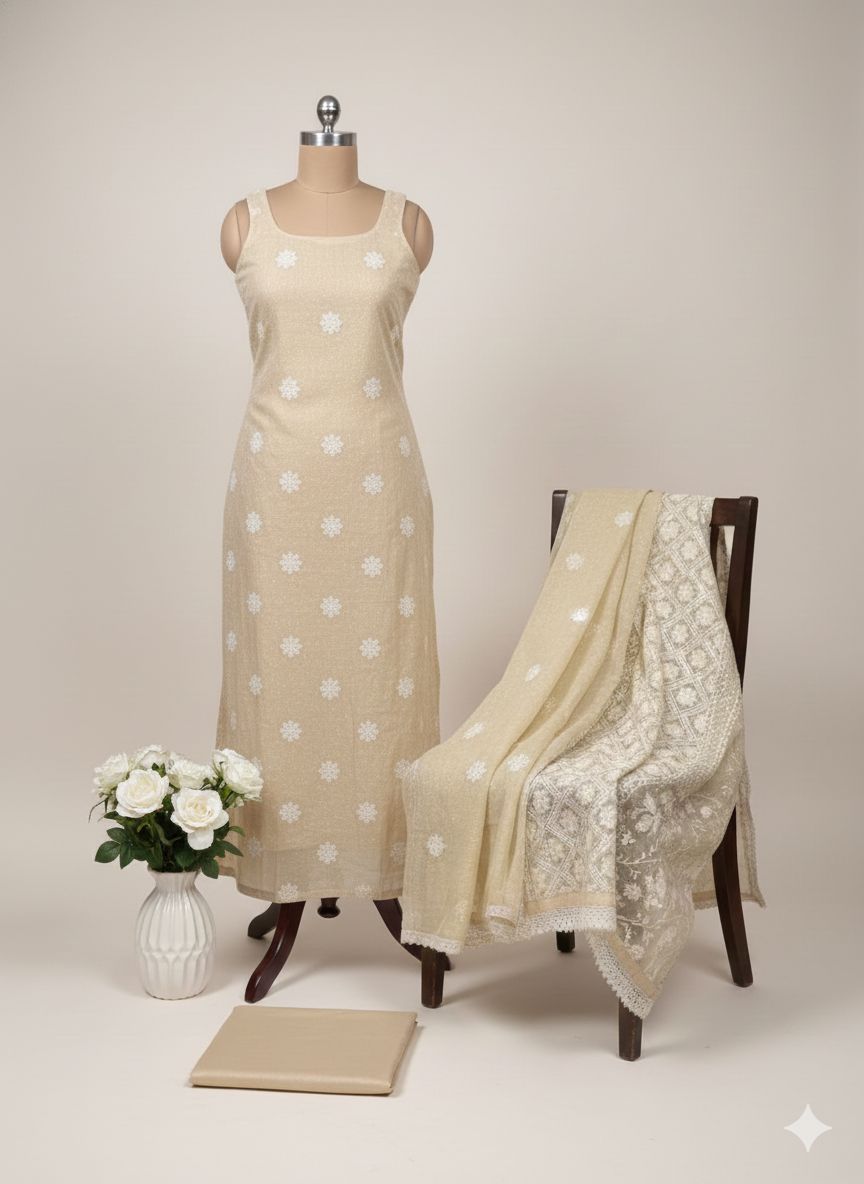 Shree Shanti Selection - Cream Golden Embroidered Dress Material