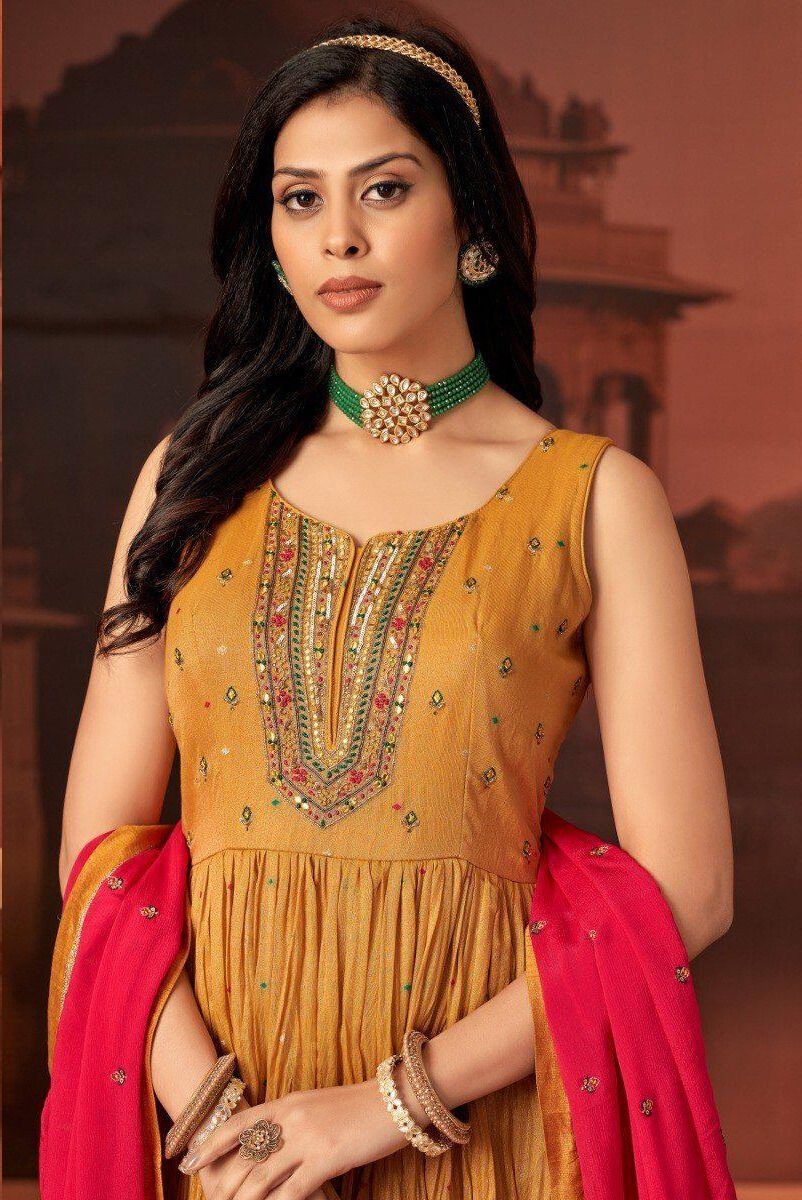 Shree Shanti Selection - Mustard Yellow Embroidered Gown for Women